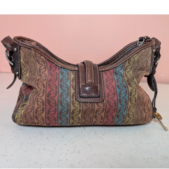 Vintage Fossil Shoulder Bag Multicolor Brown Leather Canvas Monogram Y2K Hobo - Picture 2 of 16